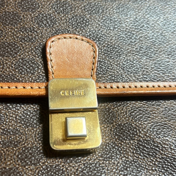 {Vintage Céline Triomphe Macadam Clutch Wristlet Bag Brown with Tan Leather Trim - Picture 12 of 13